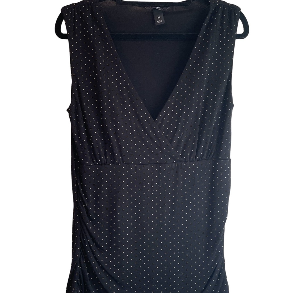 H&M woman’s black sleeveless top with white polka dots, ruched‎ sides, size M